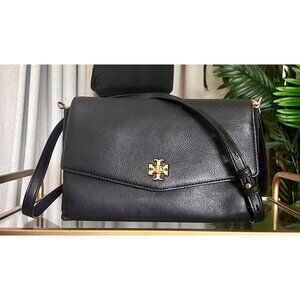 Tory Burch Black Leather and Suede Kira Handbag With Gold Logo Accents & Adjusta
